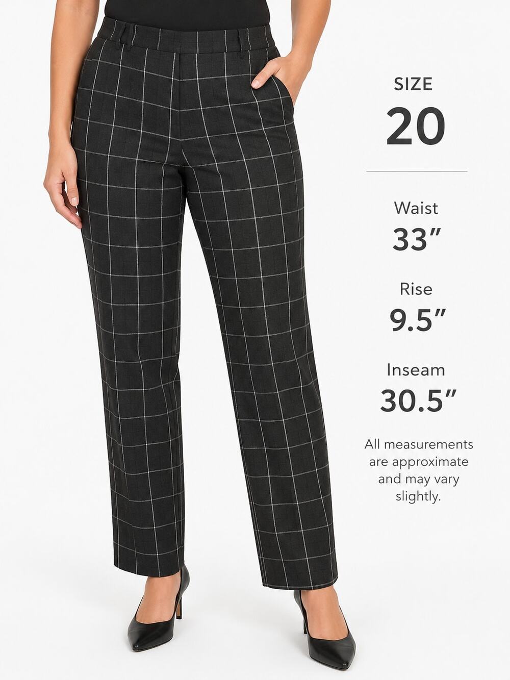 B203 Unbranded Womens Black Windowpane Dress Pants 20 Career Stretch 33x30
